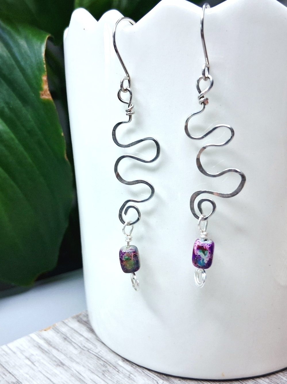Silver Wave Drop Earrings with Imperial Jasper Beads